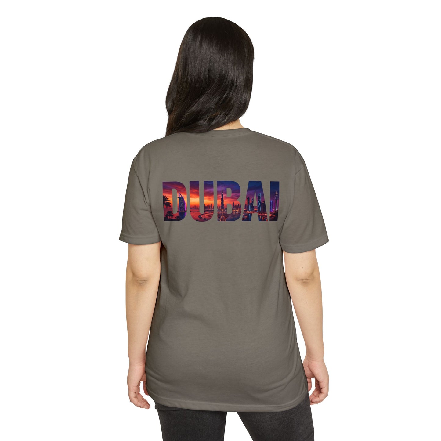 Dubai Cityscape T‑Shirt — Sunset Skyline Text Travel Tee