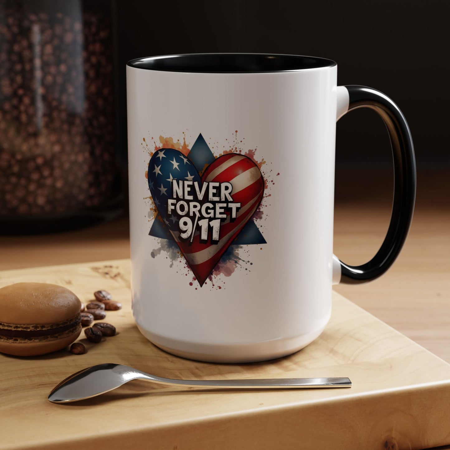 Never Forget 9/11 Heart Accent Coffee Mug – Patriotic Memorial 11/15oz