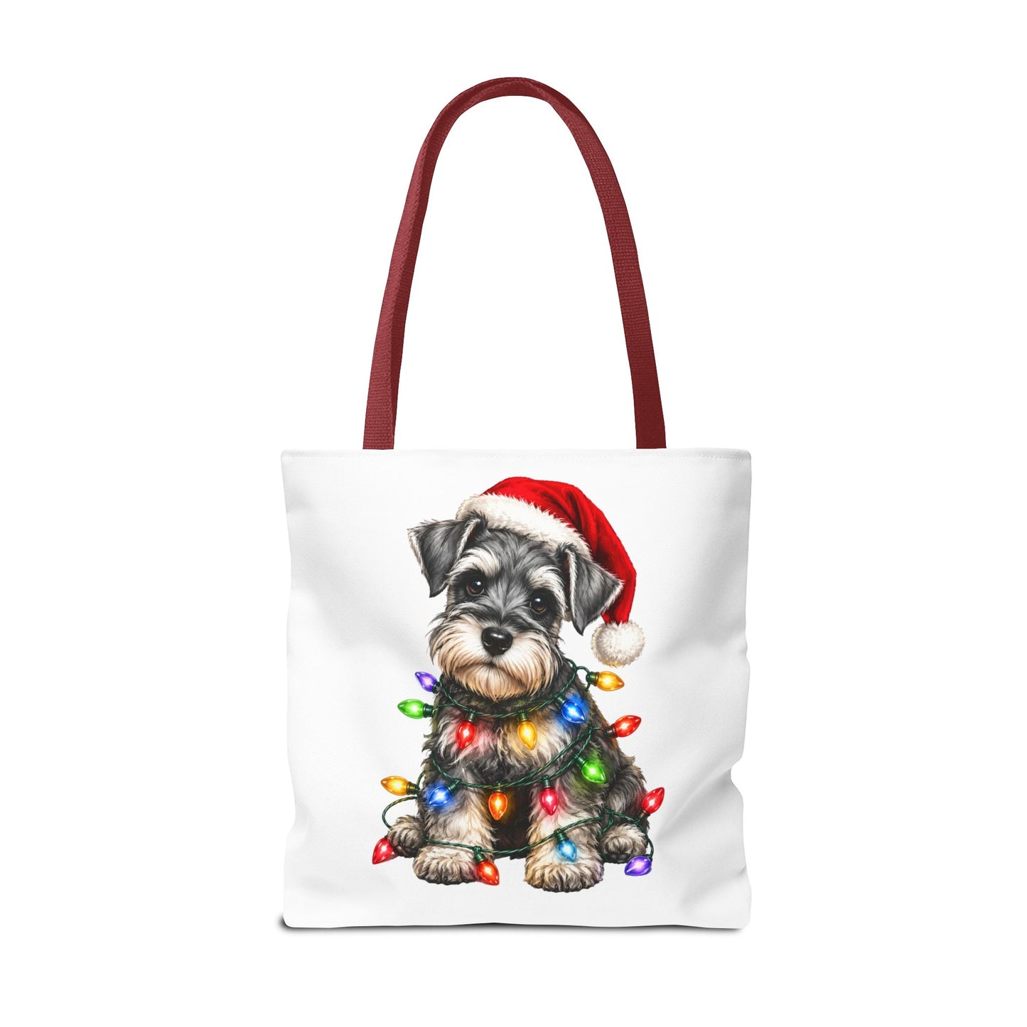 Christmas Schnauzer Tote Bag — Cute Puppy with Santa Hat & Holiday Lights