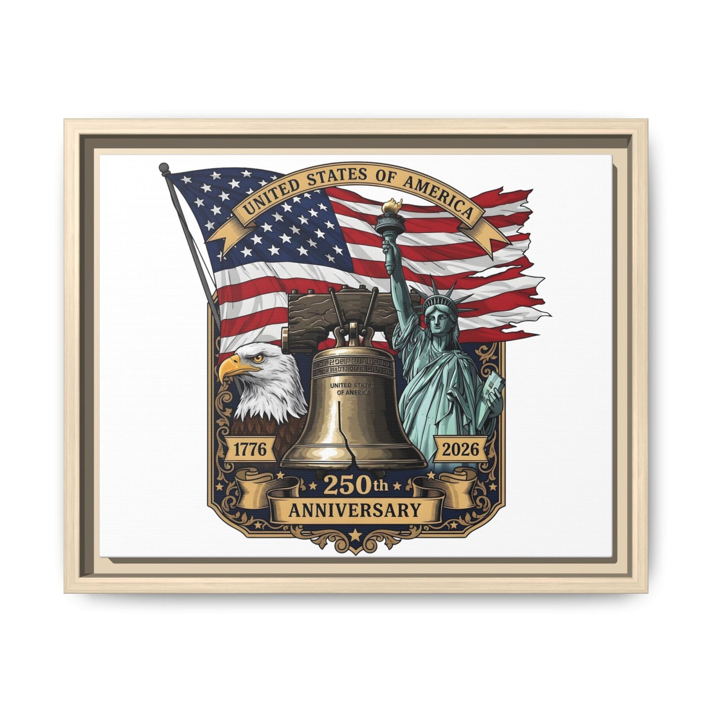 Liberty 250th Anniversary Framed Canvas Print — American Flag, Statue of Liberty & Liberty Bell Art