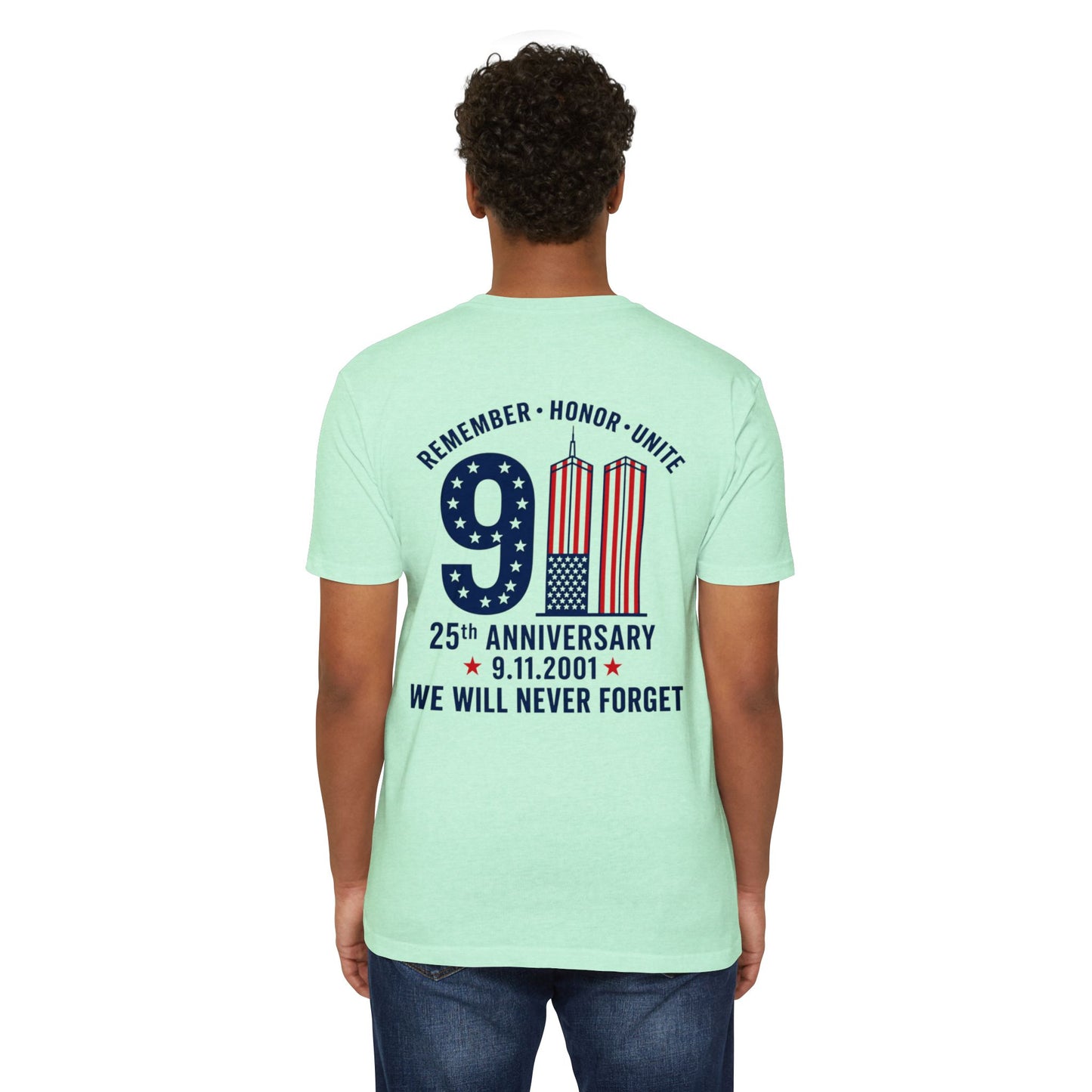 9/11 Memorial T-Shirt – "Remember Honor Unite" 25th Anniversary We Will Never Forget