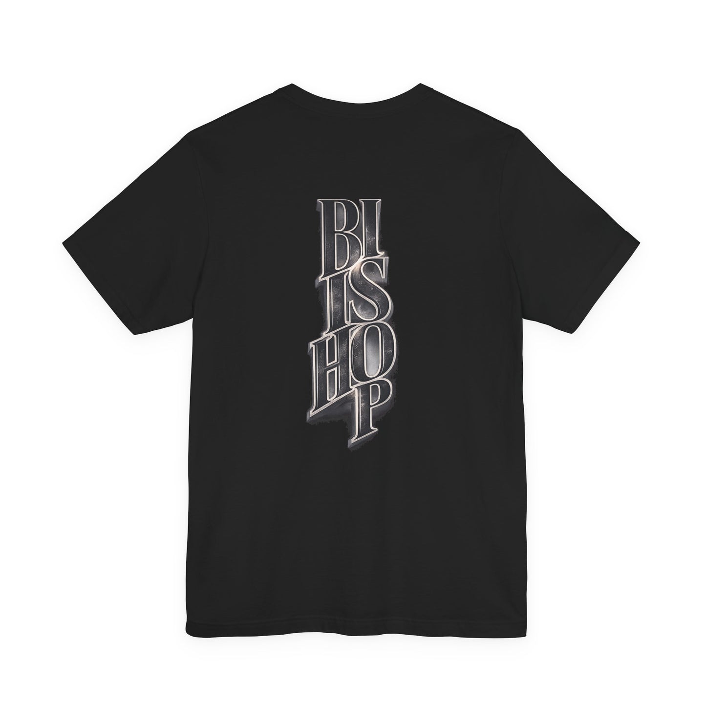 Bishop Vertical Script Tee — Vintage Gothic Lettering T-Shirt