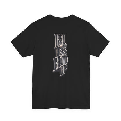 Bishop Vertical Script Tee — Vintage Gothic Lettering T-Shirt