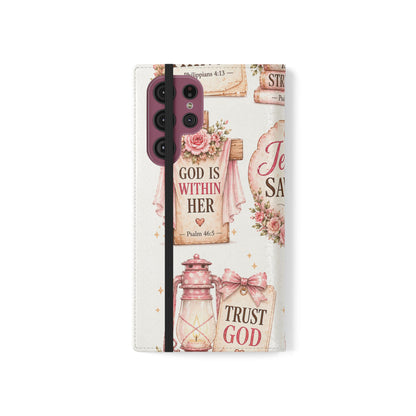 Christian Floral Phone Flip Case — "Jesus Saves" & Inspirational Scripture Wallet Cover