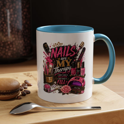 Coffee Mug — "Nails Are My Therapy" Pink Nail Tech Gift