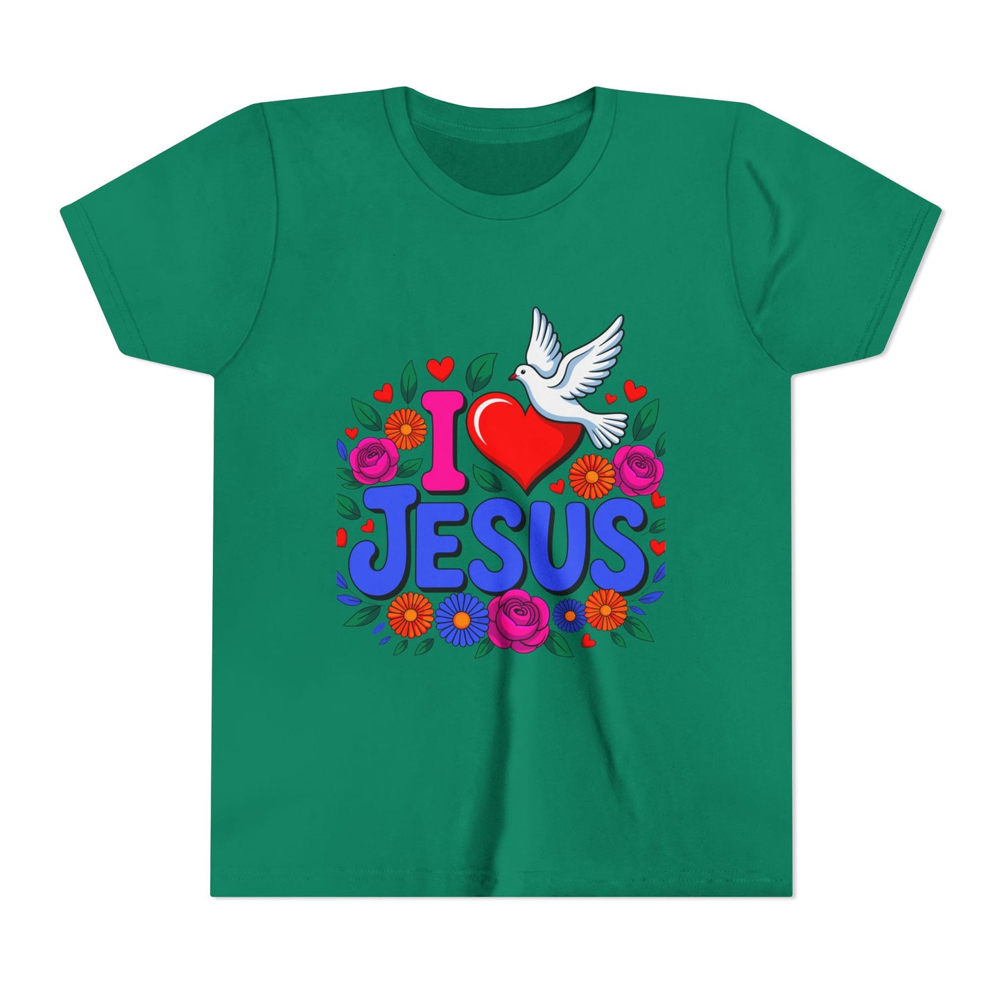 Youth Tee — "I  Jesus" Colorful Dove & Floral Christian Shirt