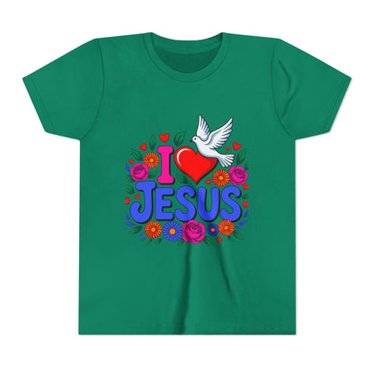 Youth Tee — "I  Jesus" Colorful Dove & Floral Christian Shirt