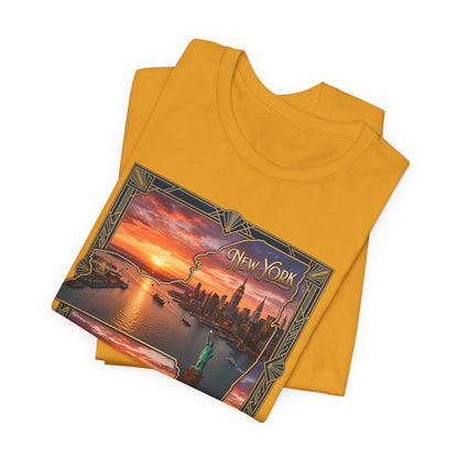 New York Sunset Skyline Tee — Statue of Liberty Vintage Travel T‑Shirt