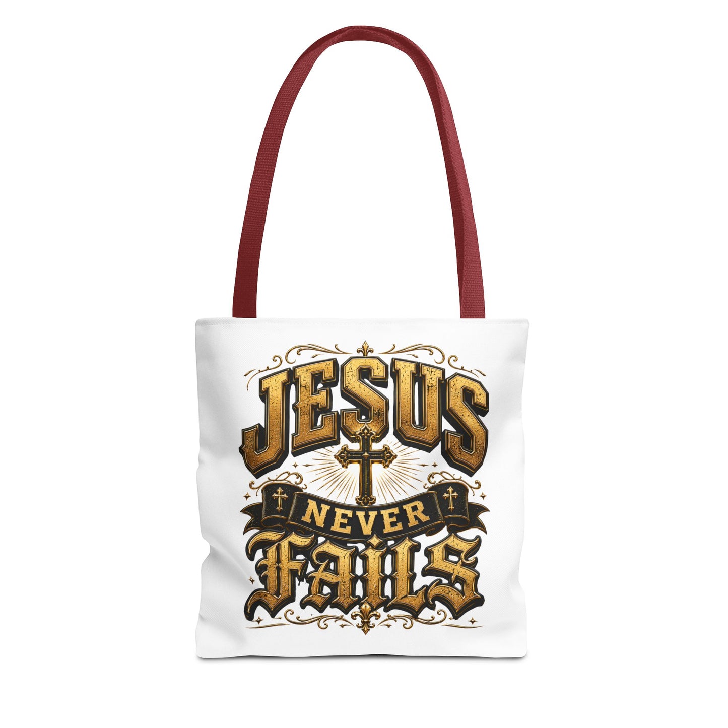 Jesus Never Fails Tote Bag — Christian Faith AOP Canvas Tote