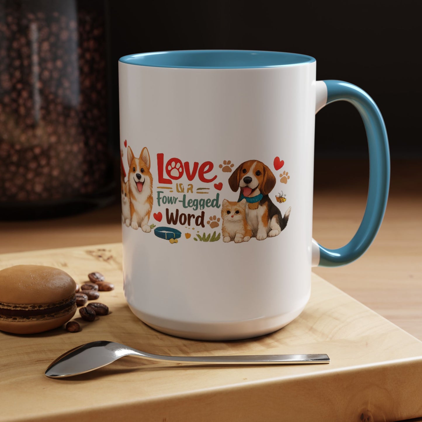 Dog Lover Accent Coffee Mug — “Love is a Four-Legged Word” Ceramic Gift