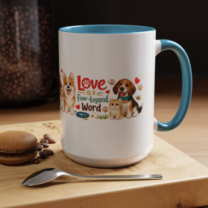 Dog Lover Accent Coffee Mug — “Love is a Four-Legged Word” Ceramic Gift