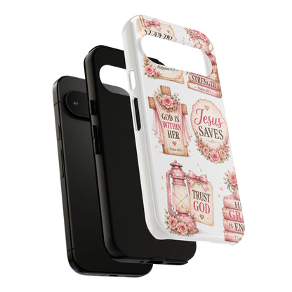 Christian Phone Case — Jesus Saves Floral Tough Case with 'God Is Within Her' & 'Trust God' Design