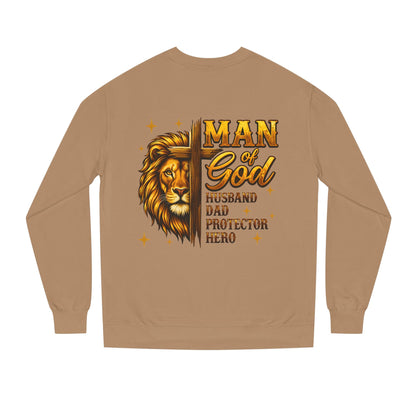 Man of God Sweatshirt — Lion Graphic, "Husband Dad Protector Hero" Faith Pullover