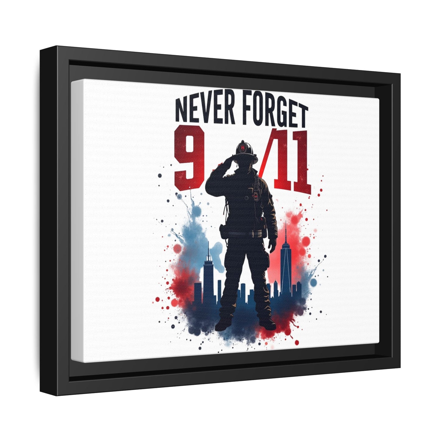 Never Forget 9/11 Framed Canvas Print — Patriotic Firefighter Memorial Art