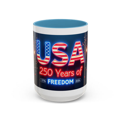 USA 250 Years of Freedom Accent Coffee Mug — Patriotic 1776–2026 Fireworks Design (11/15oz)