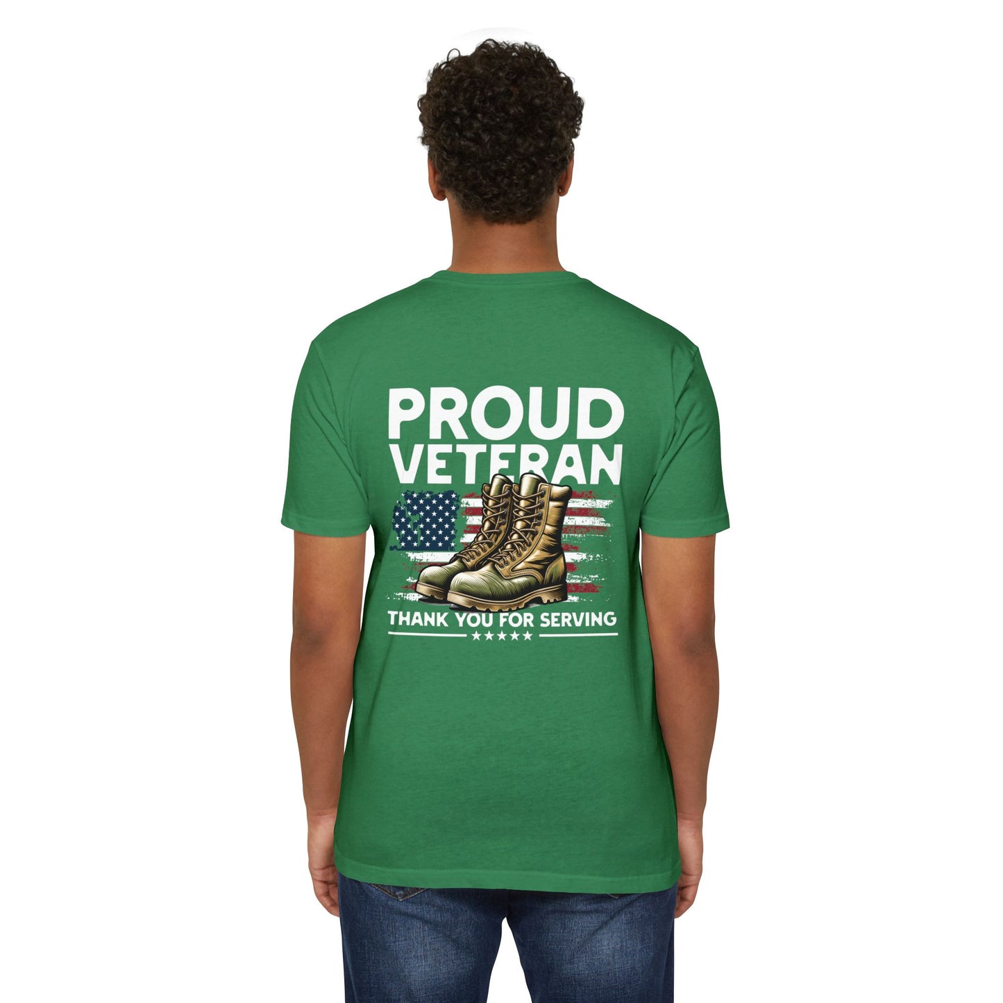 Proud Veteran T-Shirt — "Proud Veteran" with Military Boots & American Flag — Thank You for Serving