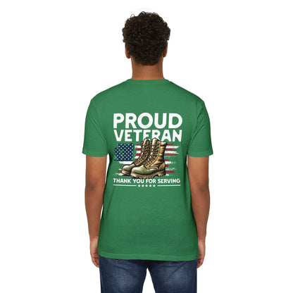 Proud Veteran T-Shirt — "Proud Veteran" with Military Boots & American Flag — Thank You for Serving