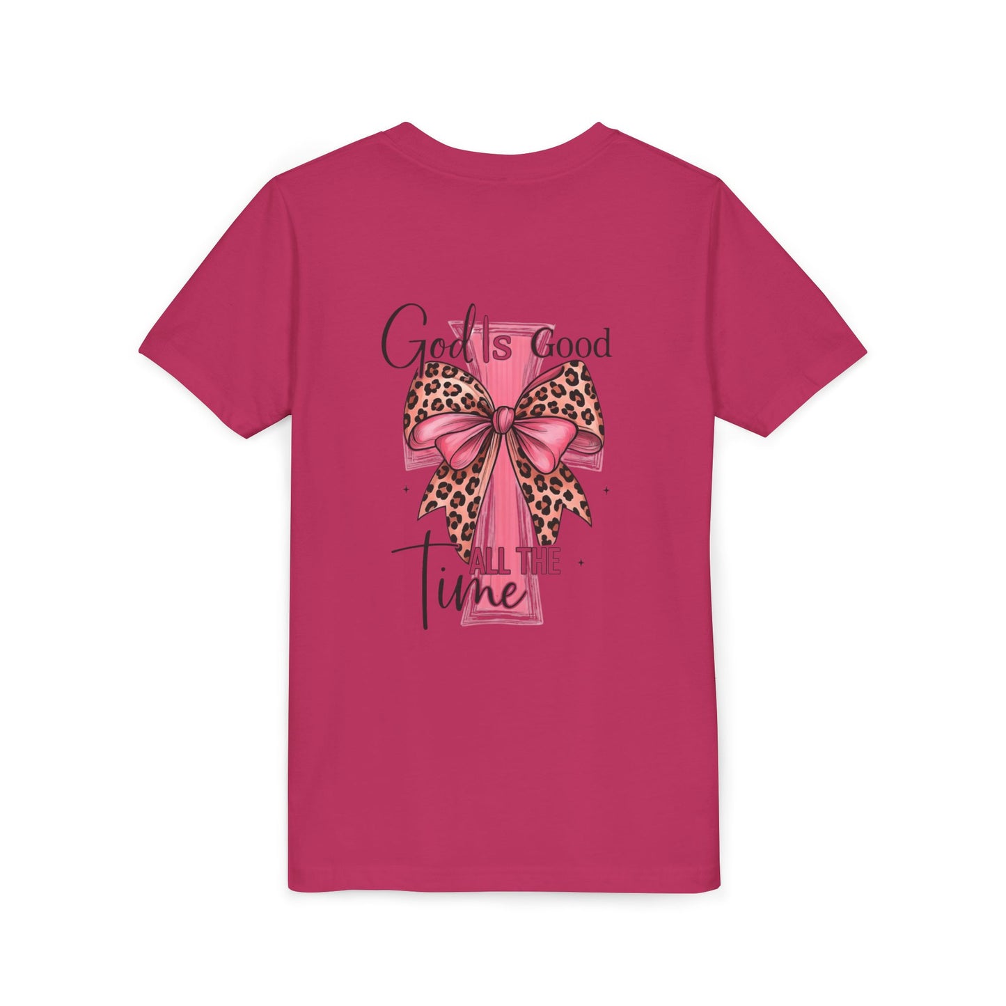 Youth Tee — "God is Good All the Time" Pink Cross with Leopard Bow