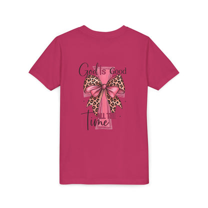 Youth Tee — "God is Good All the Time" Pink Cross with Leopard Bow