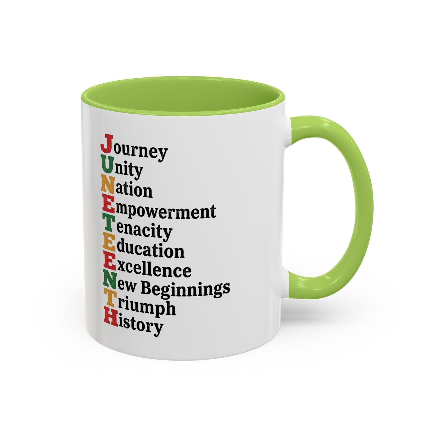 Juneteenth Acronym Accent Coffee Mug – Journey Unity Nation Empowerment (11/15oz)