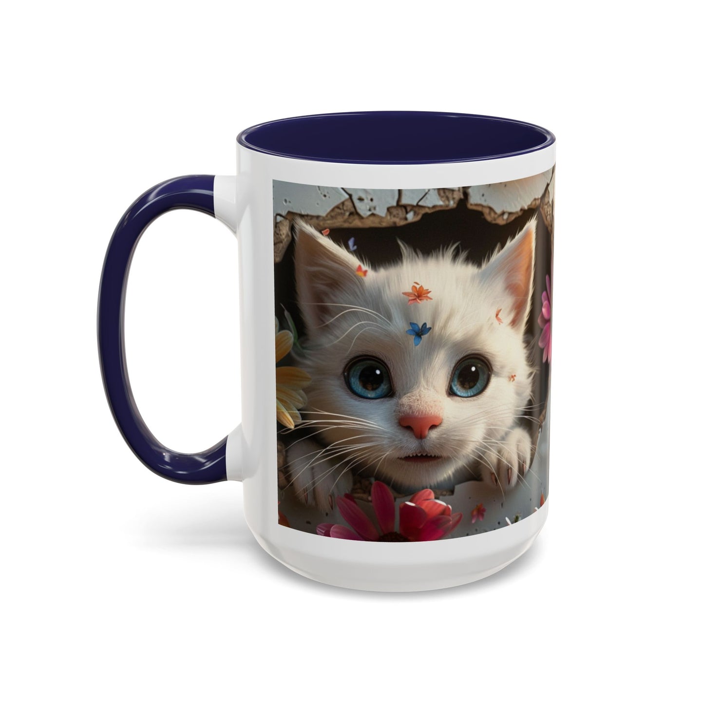 Cute White Kitten Coffee Mug – Floral Accent 11/15oz