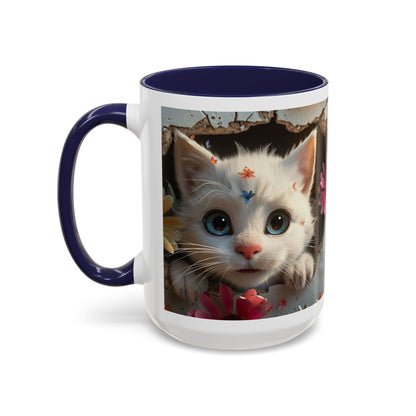 Cute White Kitten Coffee Mug – Floral Accent 11/15oz