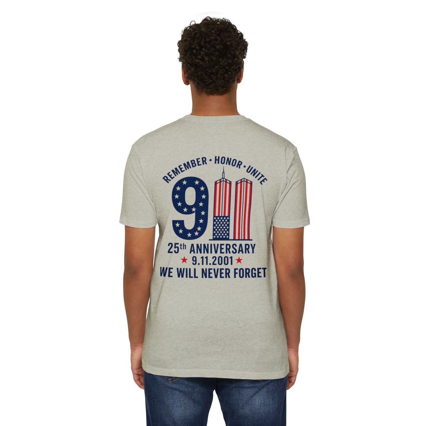 9/11 Memorial T-Shirt – "Remember Honor Unite" 25th Anniversary We Will Never Forget