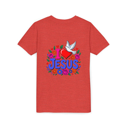 Youth Tee — "I  Jesus" Colorful Dove & Floral Christian Shirt