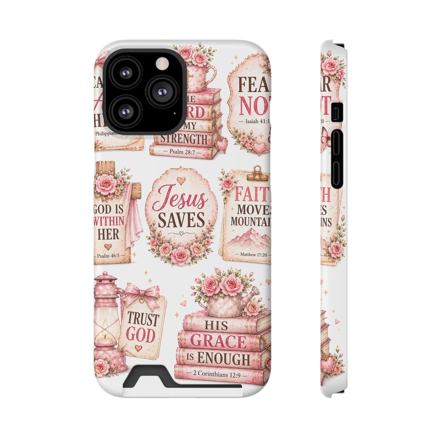Christian Phone Case with Card Holder — 'Jesus Saves' Floral Scripture Design