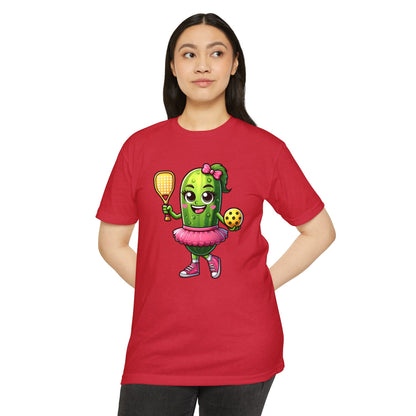 Pickle Paddleball T-Shirt — Cute Pickle Character in Tutu with Paddle & Ball