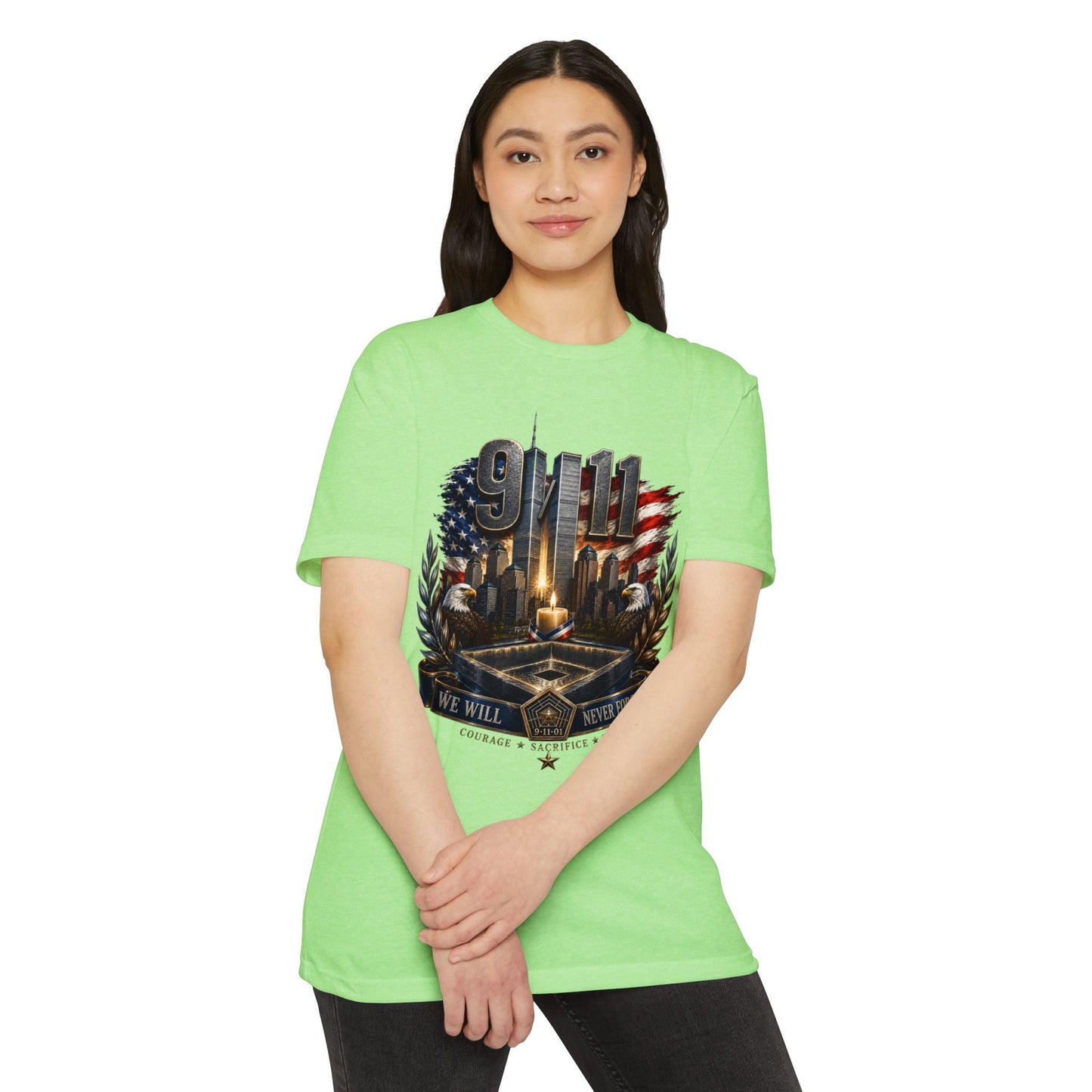 9/11 Never Forget Memorial T-Shirt — Tribute American Flag Skyline Tee