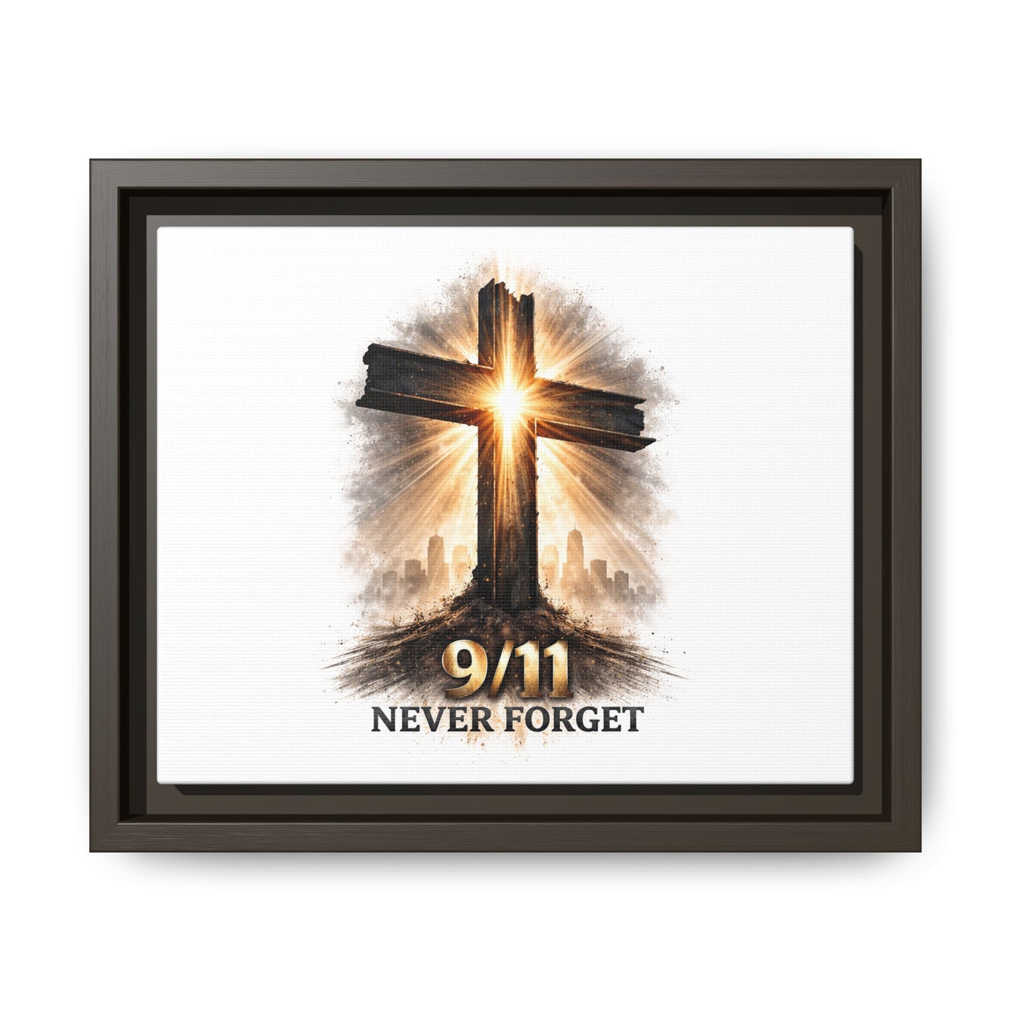 9/11 Never Forget Framed Canvas Wall Art — Memorial Cross Tribute
