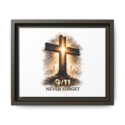 9/11 Never Forget Framed Canvas Wall Art — Memorial Cross Tribute