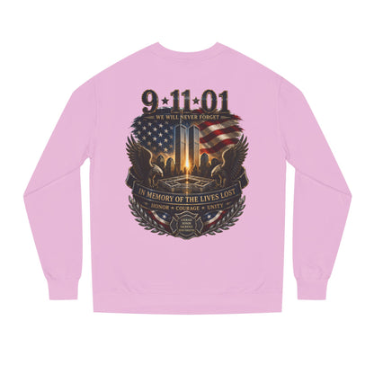 9/11 Memorial Sweatshirt - ‘We Will Never Forget’ Tribute Crewneck with Twin Towers & Flag