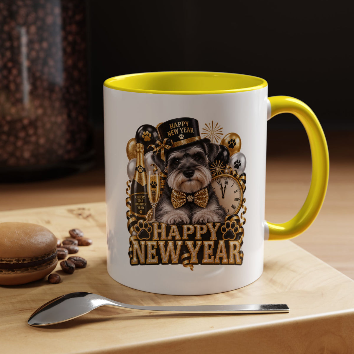 Happy New Year Dog Coffee Mug — Festive Black & Gold 11/15oz Accent Mug