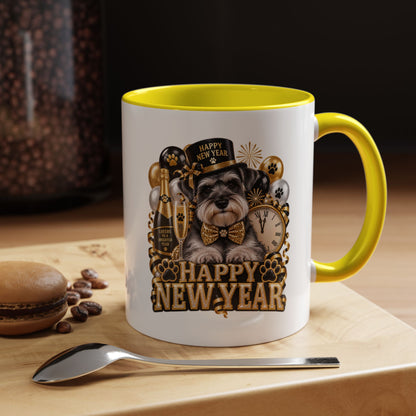 Happy New Year Dog Coffee Mug — Festive Black & Gold 11/15oz Accent Mug