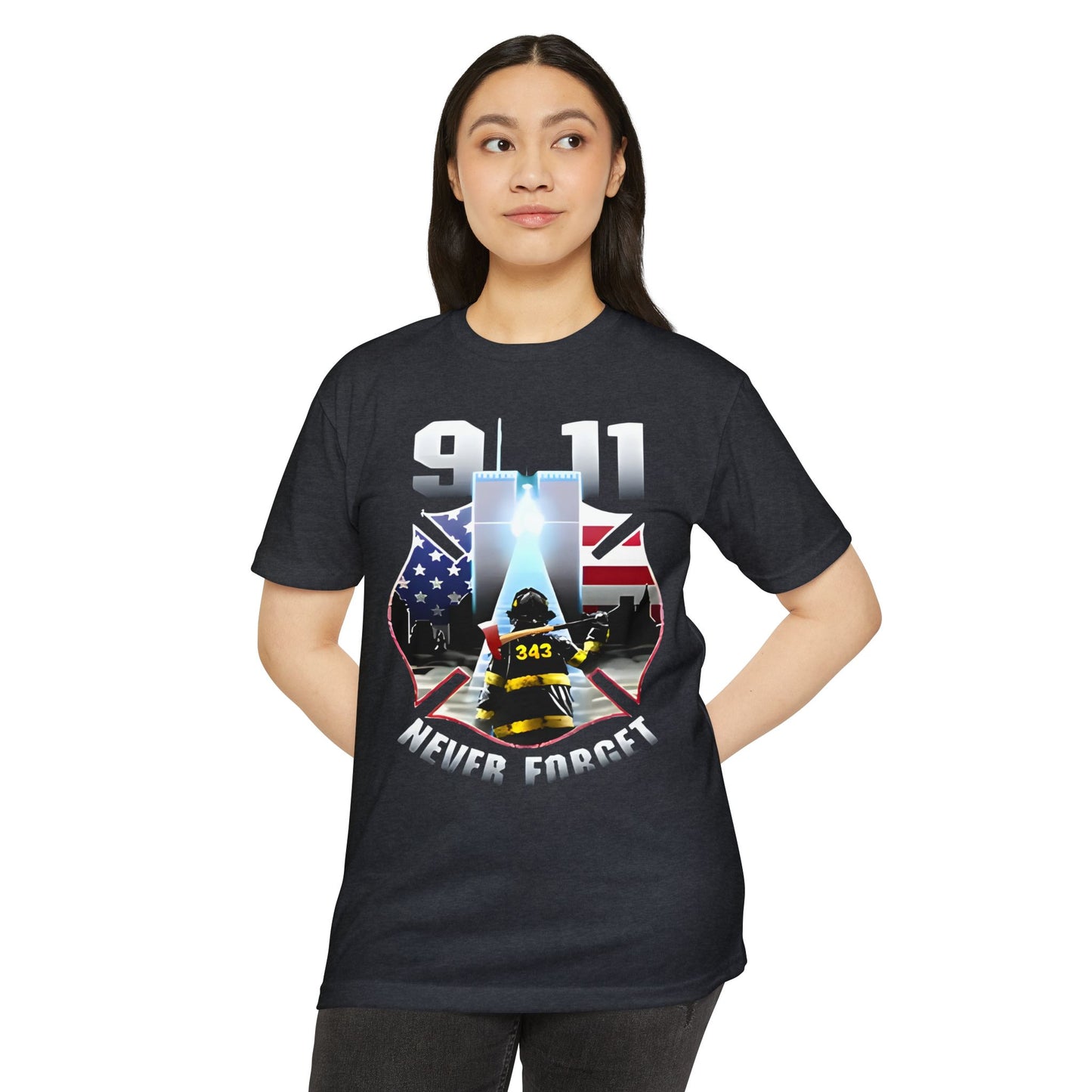 9/11 Never Forget T-Shirt — Firefighter Tribute Tee with Twin Towers & American Flag