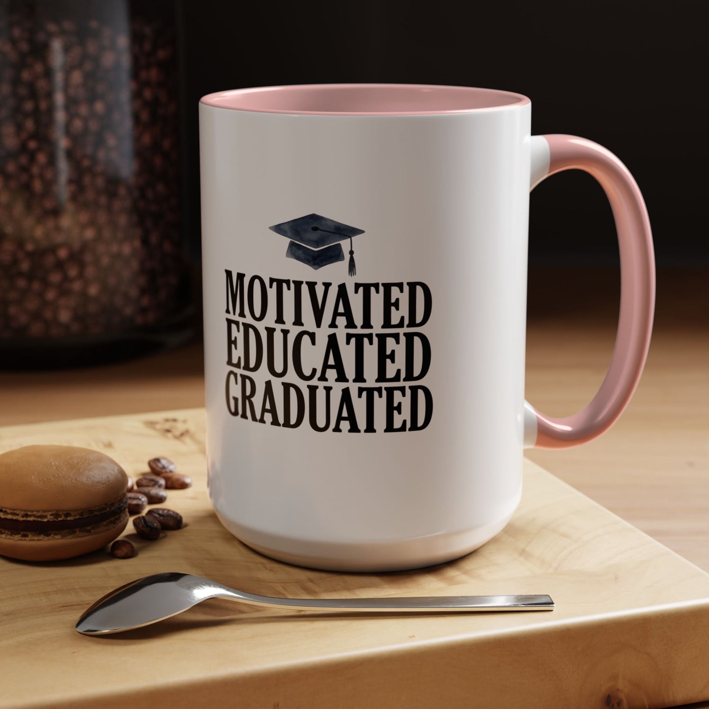 Graduation Coffee Mug – "Motivated Educated Graduated" Accent Ceramic Mug