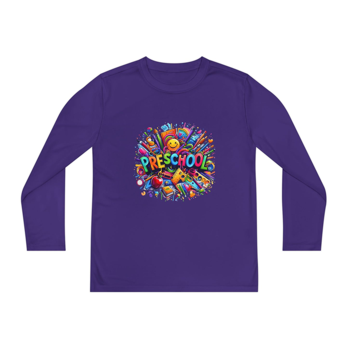 Youth Preschool Long Sleeve Tee - Colorful School Supplies Design