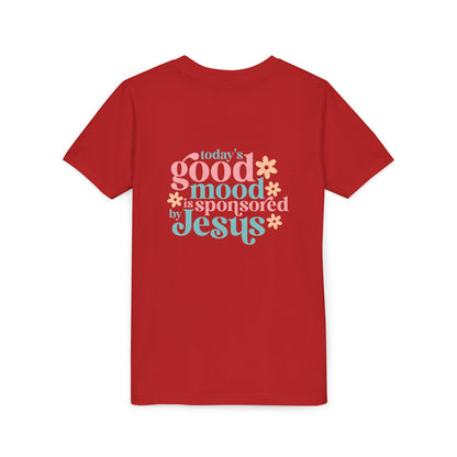 Youth Tee – "Today's Good Mood is Sponsored by Jesus" Retro Floral Christian Shirt