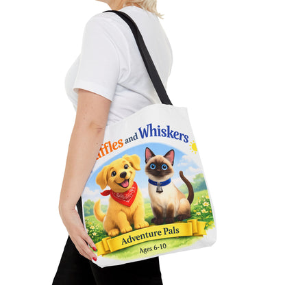 Waffles & Whiskers Adventure Pals Tote Bag — Cute Puppy and Kitten Kids Book Design