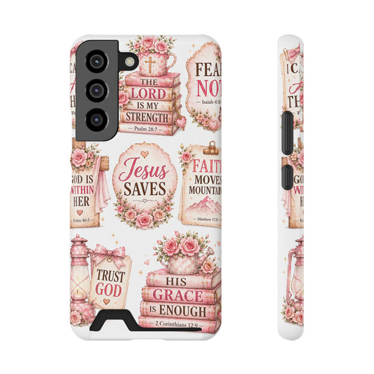 Christian Phone Case with Card Holder — 'Jesus Saves' Floral Scripture Design