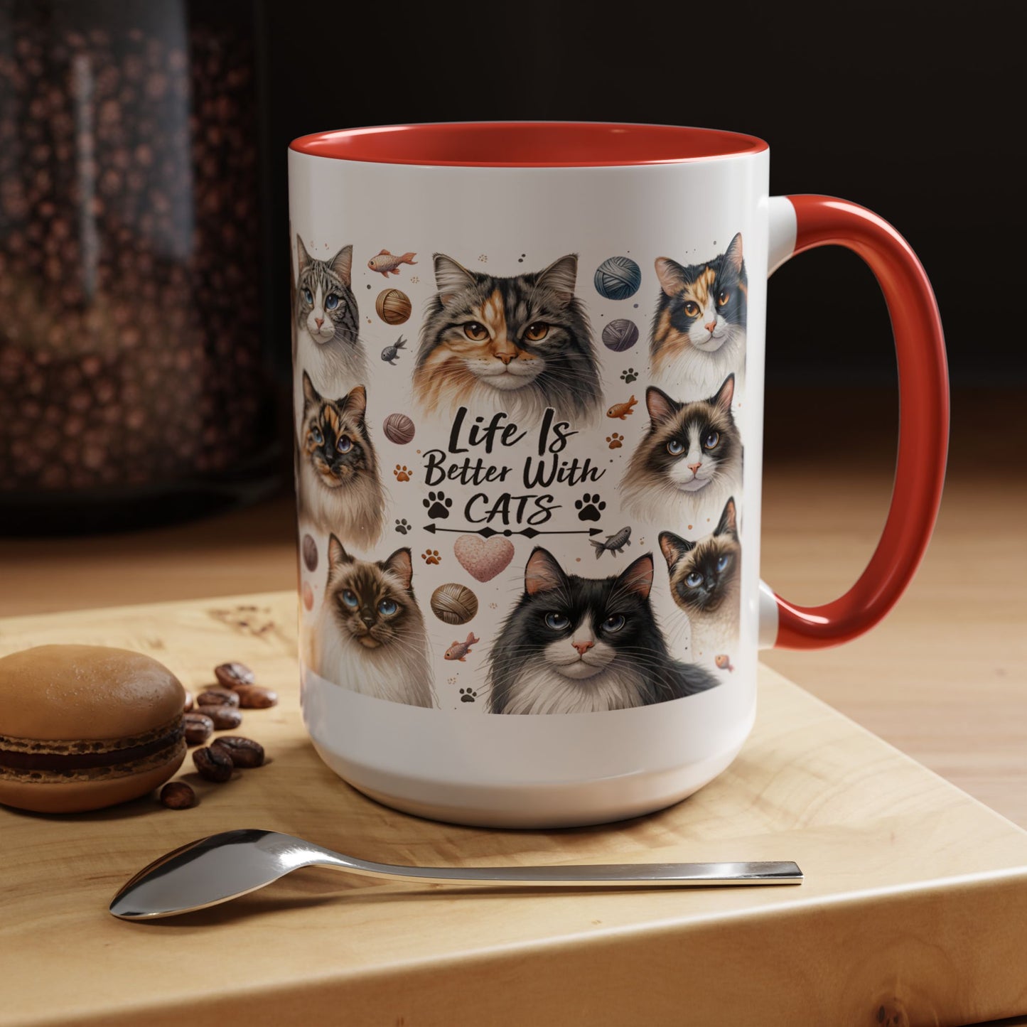 Life Is Better With Cats Accent Coffee Mug — Cat Lover Ceramic Mug (11/15oz)