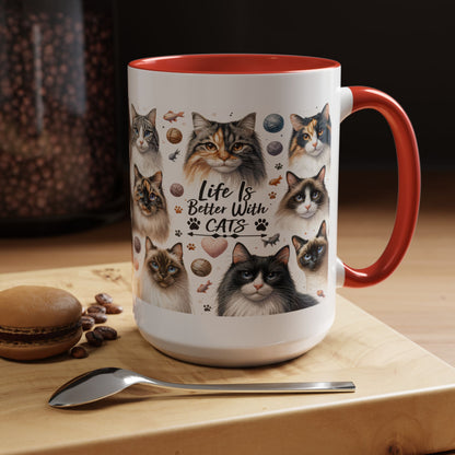 Life Is Better With Cats Accent Coffee Mug — Cat Lover Ceramic Mug (11/15oz)