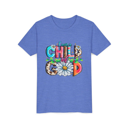 Youth Tee — "I Am a Child of God" Floral Christian Graphic