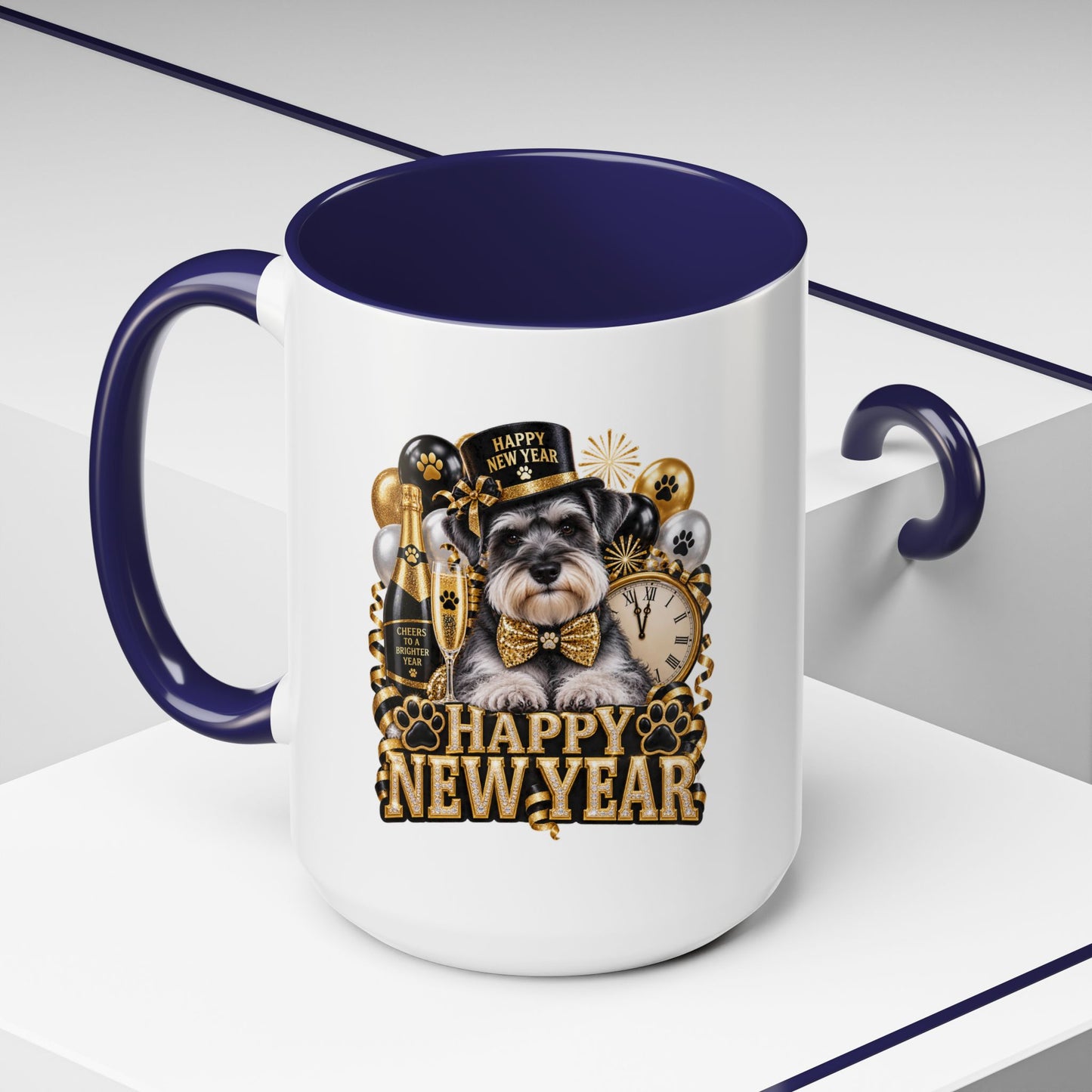 Happy New Year Dog Coffee Mug — Festive Black & Gold 11/15oz Accent Mug