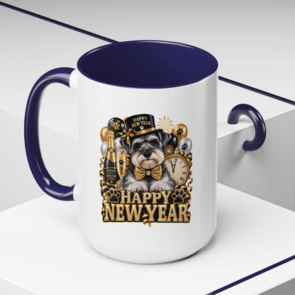 Happy New Year Dog Coffee Mug — Festive Black & Gold 11/15oz Accent Mug