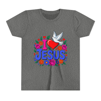 Youth Tee — "I  Jesus" Colorful Dove & Floral Christian Shirt