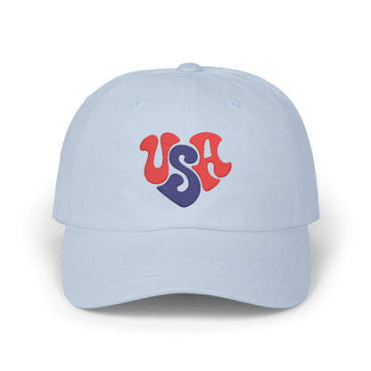 USA Heart Dad Cap — Retro Red & Blue Embroidered Baseball Hat