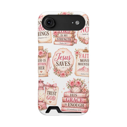 Christian Phone Case with Card Holder — 'Jesus Saves' Floral Scripture Design